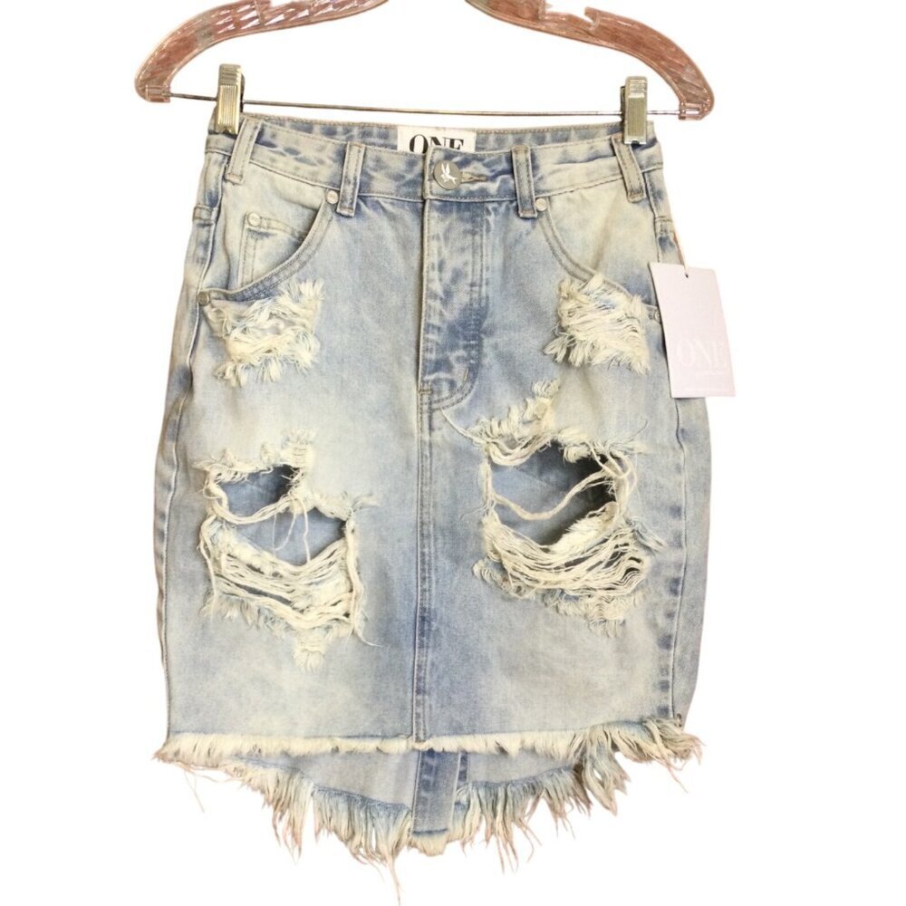 One Teaspoon Wilde Denim Distressed Frayed High-Waisted Skirt Size 25 NWT